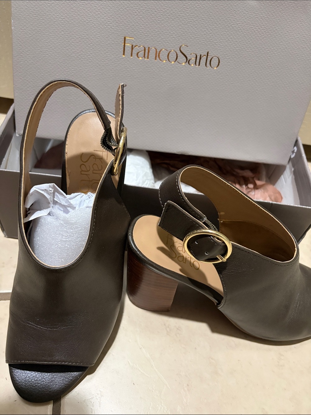 Franco Sarto Olive Green Leather Slingback Block Heel Mules with Gold Buckle